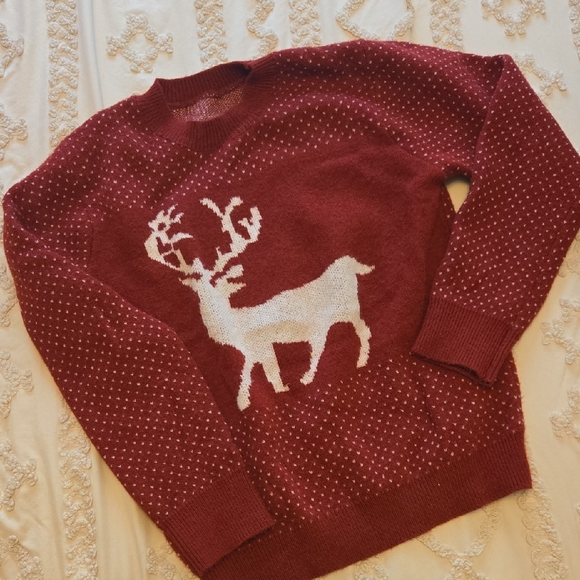 SHEIN Sweaters - SHEIN Red and White Crew Neck Sweater with Festive Reindeer Design